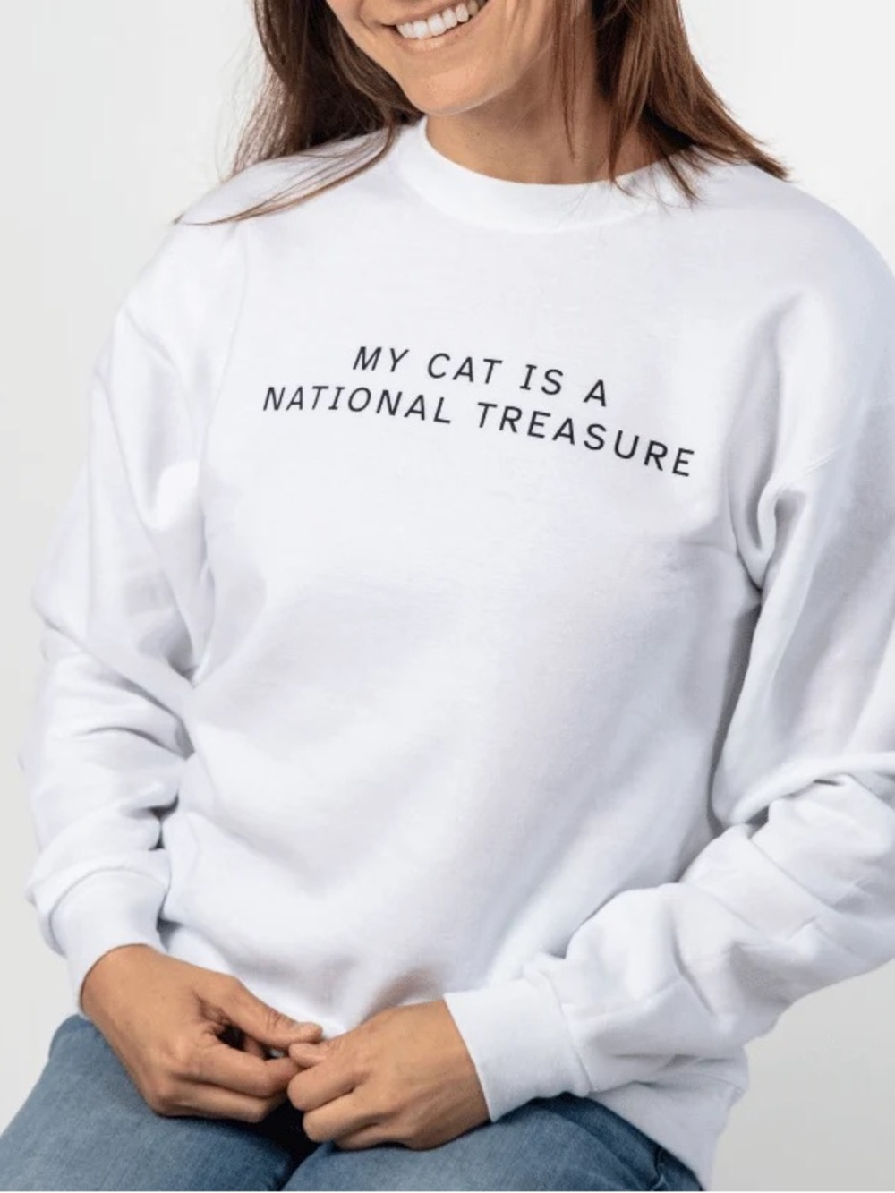 MY CAT IS A NATIONAL TREASURE White Cat Lover Sweatshirt Large
